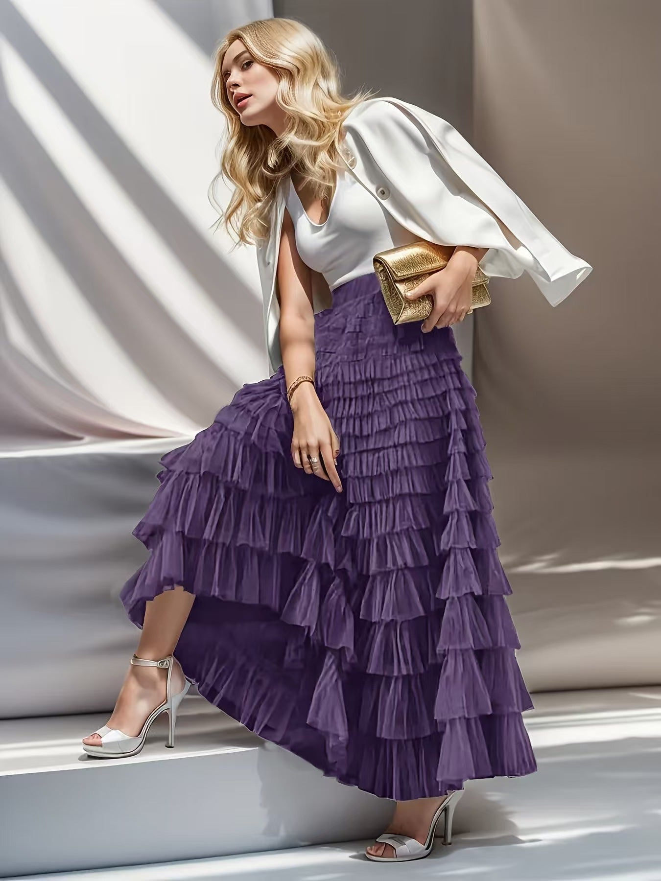 Women's French Style Long Autumn Elegant Solid Color High Waist Net Skirts